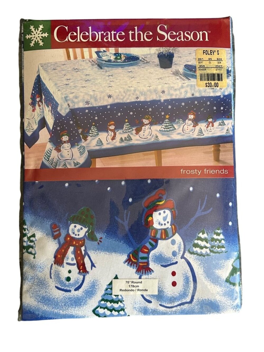 70" Round Celebrate The Season Frosty Friends Snowman Tablecloth and 8 placemats